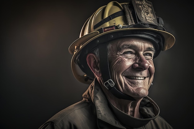Mężczyzna w hełmie strażaka uśmiecha się do kamery.
