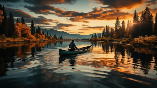 Mężczyzna w kajaku jest na jeziorze z górą i zachodem słońca w tle.