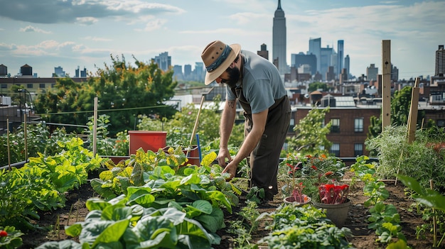Mężczyzna w kapeluszu i fartuchu dba o ogród na dachu, klęczy w ogrodzie i używa miotły do kopania w glebie.