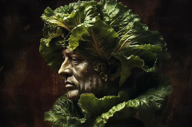 Mężczyzna w kapeluszu i liściastych warzywach na głowie