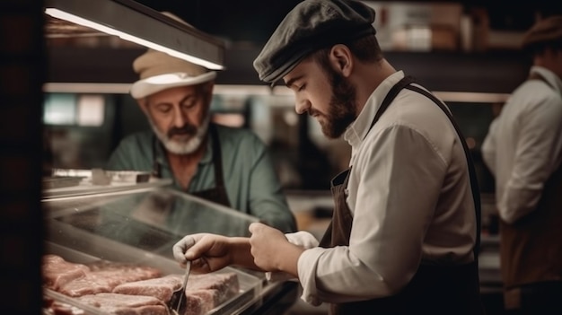 Mężczyzna w kapeluszu kroi mięso w sklepie mięsnym.