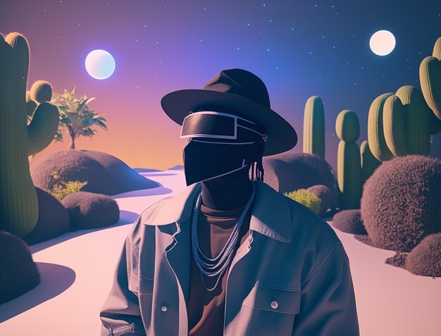 Zdjęcie mężczyzna w kapeluszu stoi na pustyni z kaktusami i kaktusami.