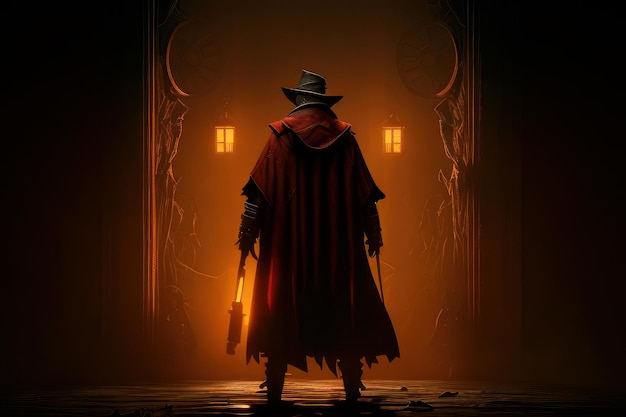 Mężczyzna w kapeluszu stoi przed drzwiami ze światłem, które mówi „ciemna strona”