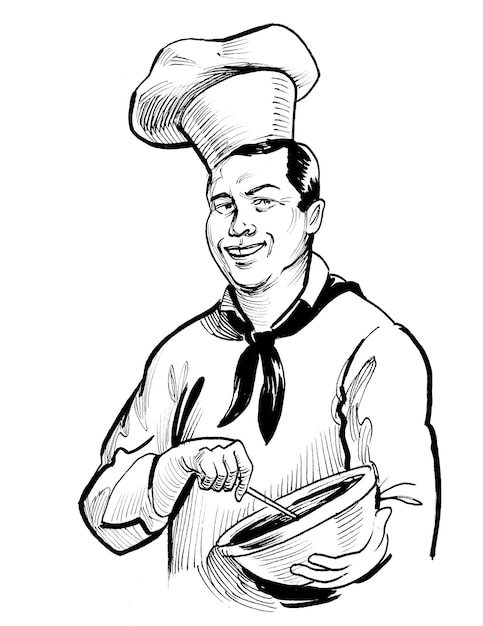 Mężczyzna w kapeluszu szefa kuchni trzyma garnek i uśmiecha się.