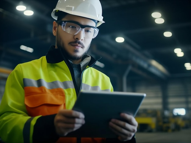 Mężczyzna w kasku i kamizelce bezpieczeństwa trzyma w dłoniach tablet.