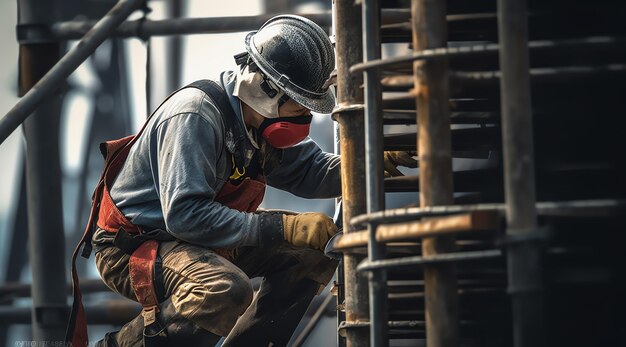 Mężczyzna w kasku ochronnym pracuje na kawałku metalu