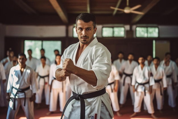 Zdjęcie mężczyzna w kimonie ćwiczący i nauczający karate na zajęciach