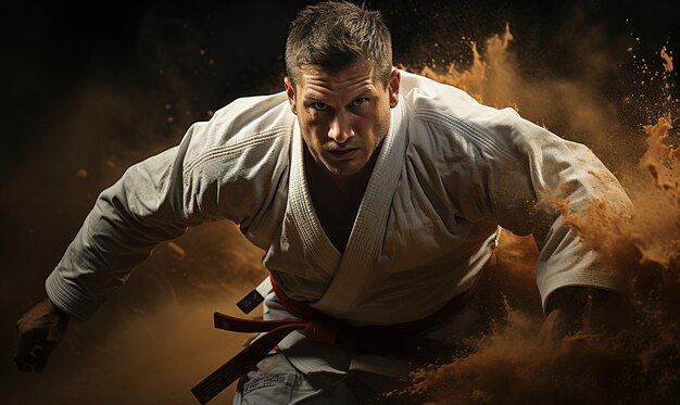 Zdjęcie mężczyzna w kimono wykonujący karate