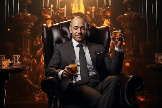 Zdjęcie mężczyzna w klasycznym garniturze siedzi w skórzanym fotelu ze szklanką whisky koncepcja ulicha generative ai