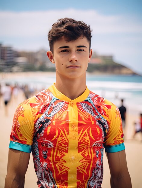 Zdjęcie mężczyzna w kolorowej koszuli stoi na plaży z mewą na klatce piersiowej.