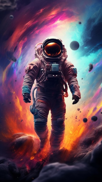 Mężczyzna w kombinezonie astronauty spacerujący w kosmosie