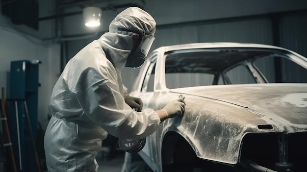 Mężczyzna w kombinezonie ochronnym maluje samochód w garażu.