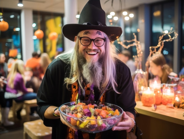 Mężczyzna w kostiumie na Halloween trzymający miskę cukierków z złośliwym uśmiechem