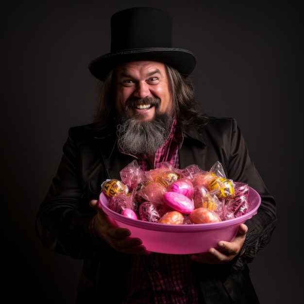 Mężczyzna w kostiumie na Halloween trzymający miskę cukierków z złośliwym uśmiechem