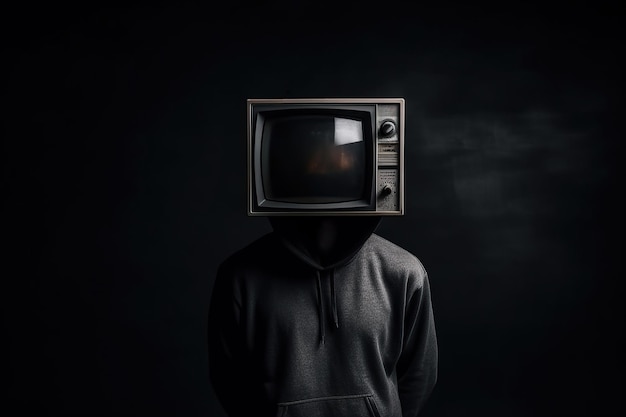 Mężczyzna w kostiumie z głową telewizora na ciemnym tle Ilustracja generatywna AI