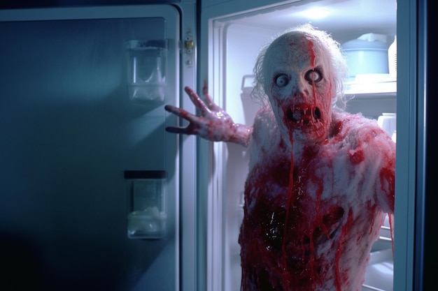 Mężczyzna w kostiumie zombie stoi w drzwiach.
