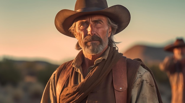 Mężczyzna w kowbojskim kapeluszu stoi przed zachodem słońca.