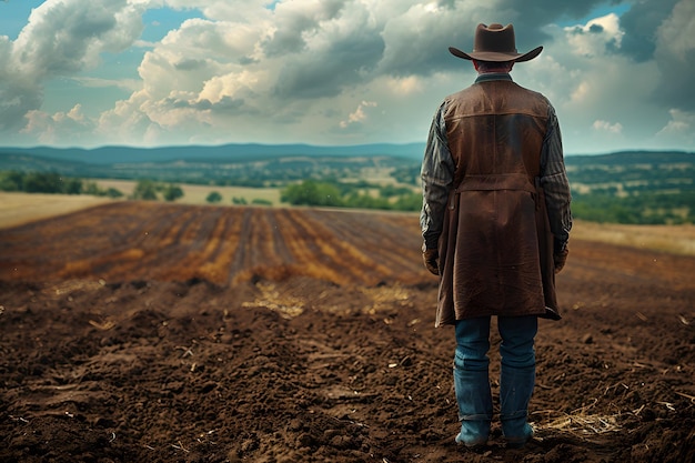Mężczyzna w kowbojskim kapeluszu stojący na polu