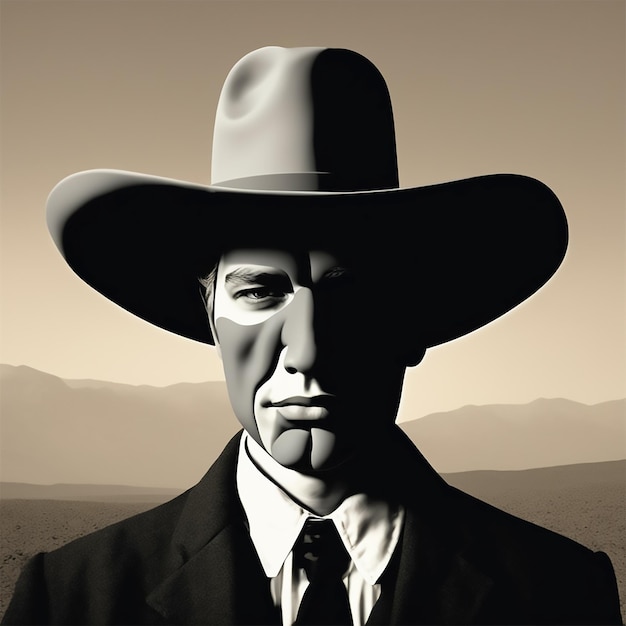 Mężczyzna w kowbojskim kapeluszu w stylu Rene Magritte'a