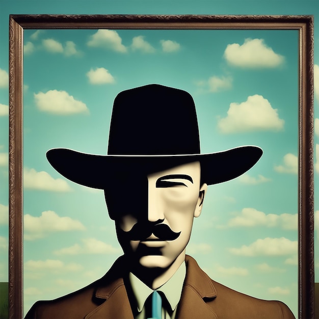 Mężczyzna w kowbojskim kapeluszu w stylu Rene Magritte'a