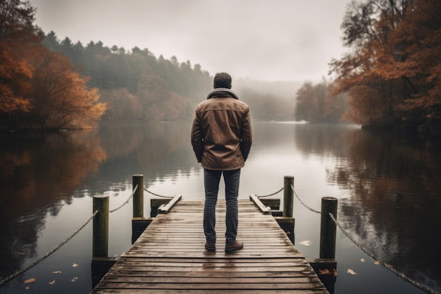 Mężczyzna w kurtce siedzący na małym moście z widokiem na piękne jezioro z tyłu Ilustracja generatywna AI