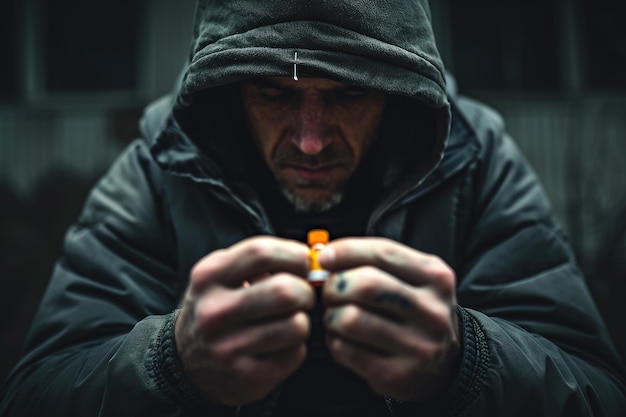 Mężczyzna w kurtce z kapturem trzyma papierosa w ręku osoba uzależniona od opioidów