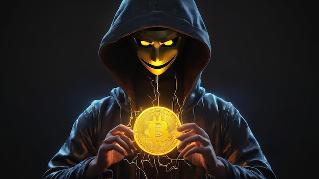 Mężczyzna w kurtce z kapturem trzymający Bitcoina
