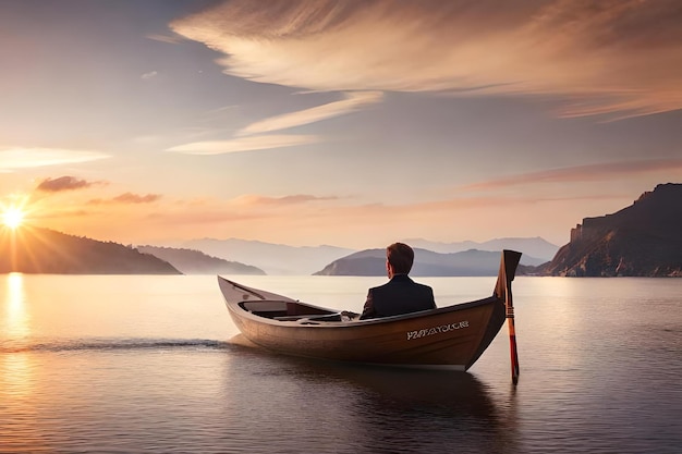 Mężczyzna w łódce siedzi w jeziorze, a na burcie łódki napis „Pożar”.