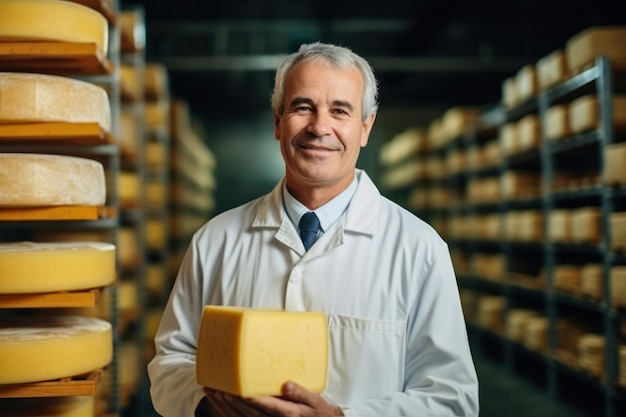 Mężczyzna w magazynie fabrycznym sprawdza gotowość sera. Ser dojrzewa w specjalnym pomieszczeniu w fabryce