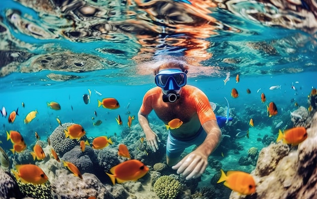 mężczyzna w masce do snorkelingu nurkuje pod wodą z tropikalnymi rybami w basenie morskim rafy koralowej