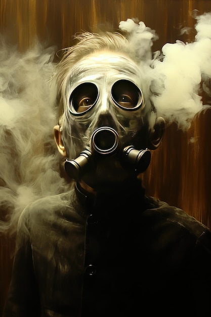 Zdjęcie mężczyzna w masce gazowej w środku trującego lasu