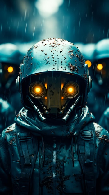 Mężczyzna w masce gazowej z żółtymi oczami przed grupą innych mężczyzn Generatywna sztuczna inteligencja