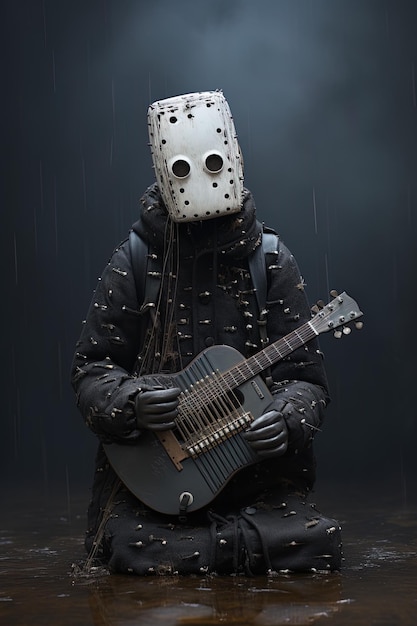 mężczyzna w masce grający na gitarze w deszczu