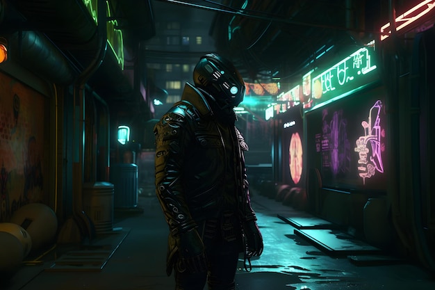 Mężczyzna w masce stoi przed neonem z napisem „cyberpunk”.