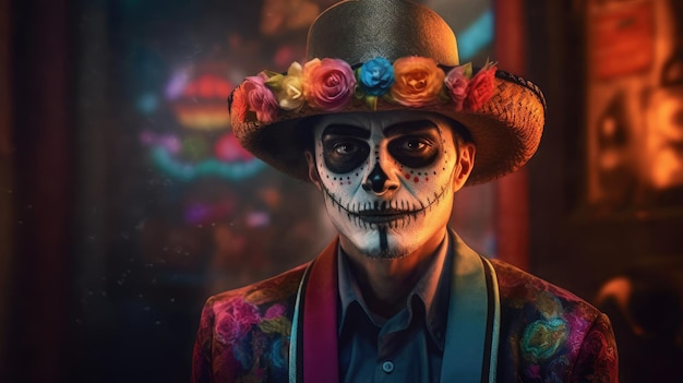 Mężczyzna w meksykańskim kapeluszu z kwiatami na nim.