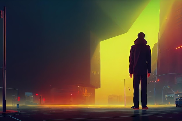 Mężczyzna w mieście stoi przy sygnalizacji świetlnej Cyfrowe malowanie w stylu artystycznym