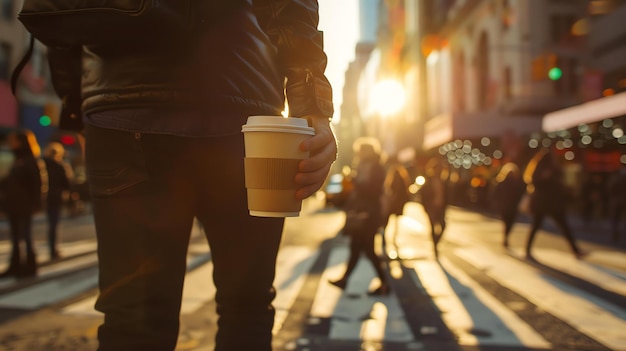 Zdjęcie mężczyzna w mieście trzymający filiżankę kawy i przekraczający drogę o zachodzie słońca