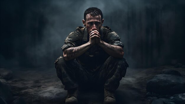 Mężczyzna w mundurze wojskowym na wojnie Koncepcja psychoterapii depresji Rehabilitacja PTSD