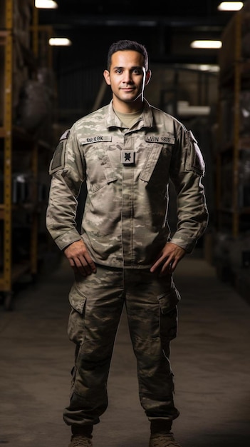Zdjęcie mężczyzna w mundurze wojskowym stojący w magazynie