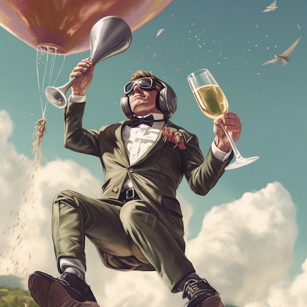 mężczyzna w mundurze wojskowym trzyma kieliszek do wina i balon, a mężczyzna trzyma na niebie kieliszek i balon.