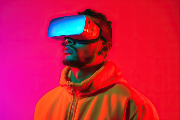 Mężczyzna w neonowych goglach wirtualnej rzeczywistości