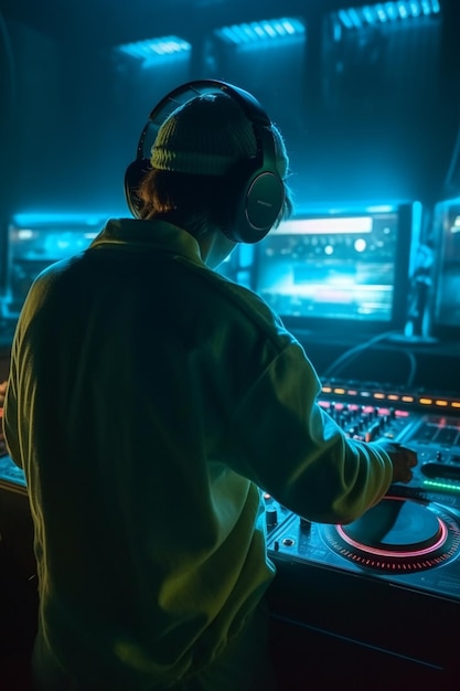 Mężczyzna w neonowym świetle gra muzykę na konsoli dj'a.