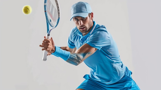 Mężczyzna w niebieskiej koszuli gra w tenisa z niebieską czapką.