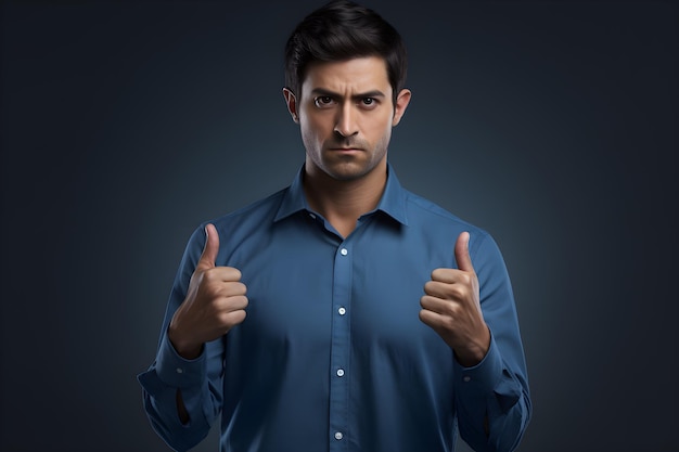 Mężczyzna w niebieskiej koszuli stojący z wyciągniętymi rękami i pokazujący palce