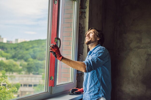 Mężczyzna w niebieskiej koszuli wykonuje instalację okienną