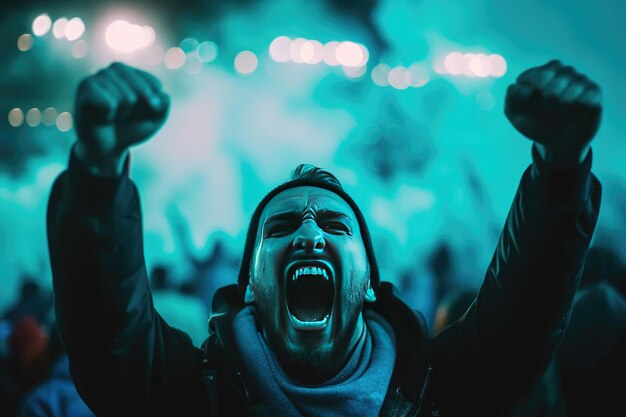 Mężczyzna w niebieskiej kurtce cheers na stadionie