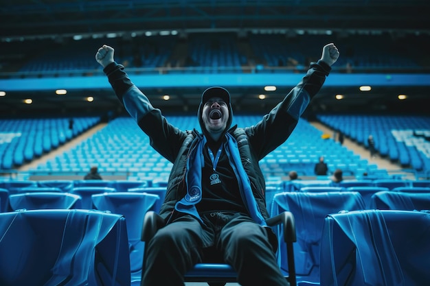 Mężczyzna w niebieskiej kurtce cheers na stadionie