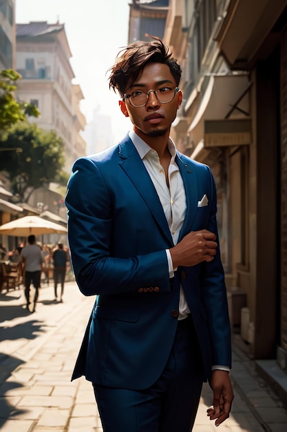 Mężczyzna w niebieskim garniturze stoi na ulicy