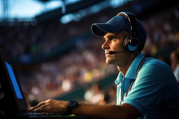 Mężczyzna w niebieskim mundurze i czapce siedzący wokół trybuna komentator pracujący podczas meczu tenisa