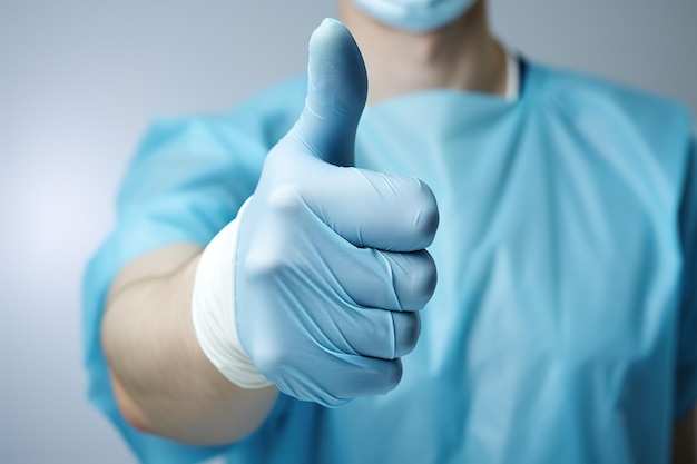 Mężczyzna w niebieskim mundurze szpitalnym pokazujący kciuki w górze podczas noszenia niebieskiej rękawiczki gumowej